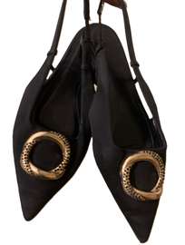 Elegant Black Slingback Flats with Gold Detail - Size 7/40