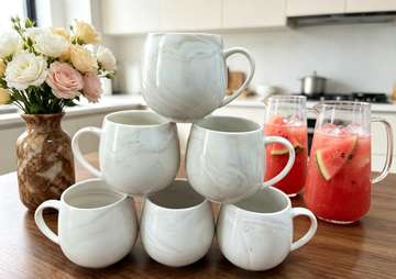Set of 6 Pink Ceramic Mugs with Marble Pattern