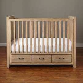 Vintage White Baby Crib with Blue Tufted Headboard