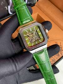 Elegant Green Skeleton Watch with Crocodile Leather Strap