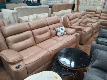 7 seater Spacious Reclining Sofa with Cup Holders Beige