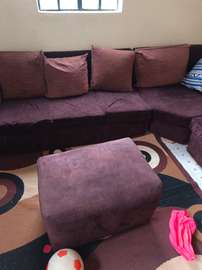 Burgundy Sectional Sofa with Ottoman and Cushions