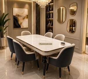 Premium Marble Dining Set with Six Comfortable Dining Chairs