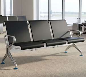 3-Seat Black Bench Metal Frame Cushioned Seats