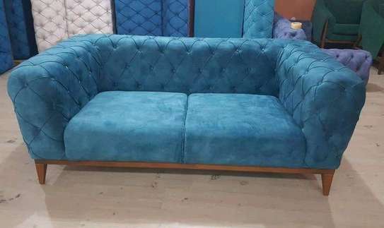 Modern blue two seater tufted sofa set image 1