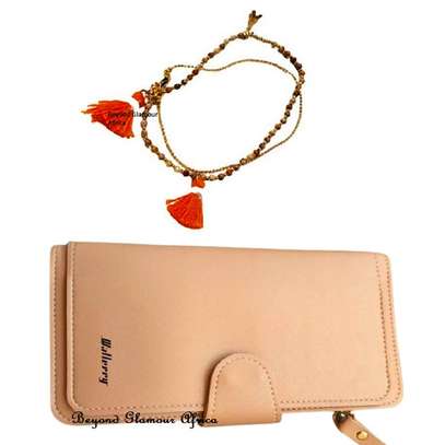 Womens Peach leather wallet with chain bracelet image 1