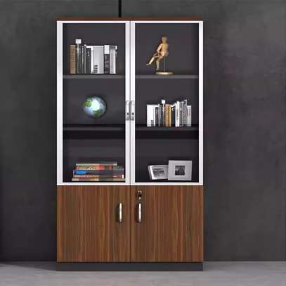 Cabinet : 2-Door Brown Half Glass Wooden Office Cabinet image 1