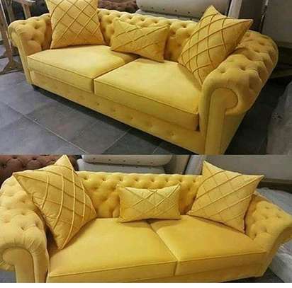 Modern yellow three seater tufted sofa set image 1