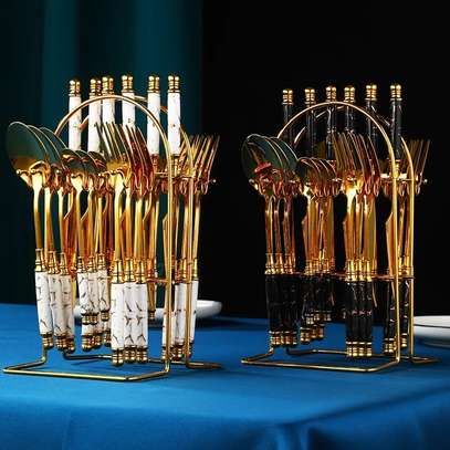 24pcs gold Marble Cutlery Set with stand image 3