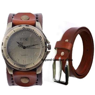 Mens Brown Leather watch and belt combo image 1