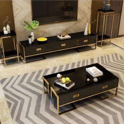 Modern Coffee & TV Table Set White Gold Frame image 2