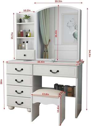 Dressing Table : White Vanity Dresser with Mirror and Stool image 2
