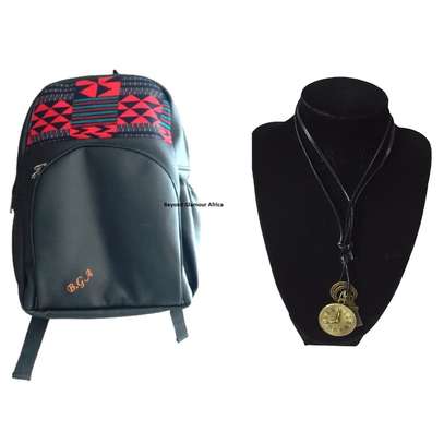 Black Leather ankara laptop bag with leather necklace image 4