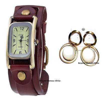 Ladies Dark brown leather watch with earrings combo image 1