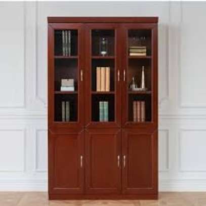 3 Door Glass Display Mahogany Office Storage Cabinet image 1