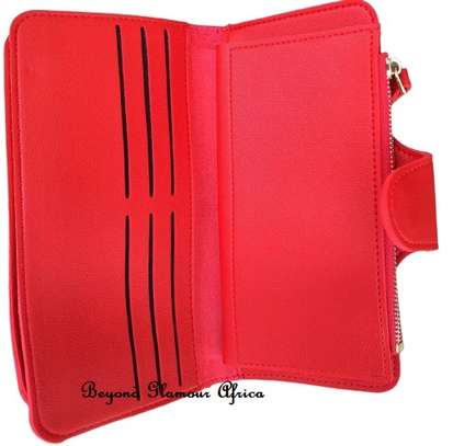 Womens Red Leather wallet with gold tone brooch image 2