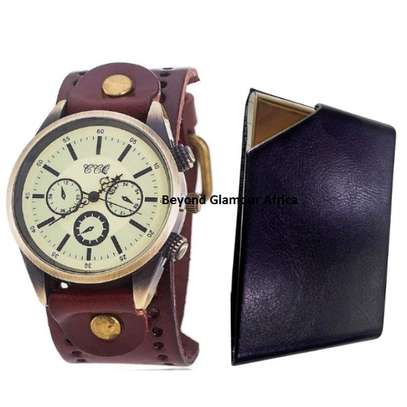 Mens Brown leather watch and black cardholder image 4