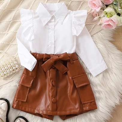 Shirt with ruffle detail plus belted  leather skirt image 3