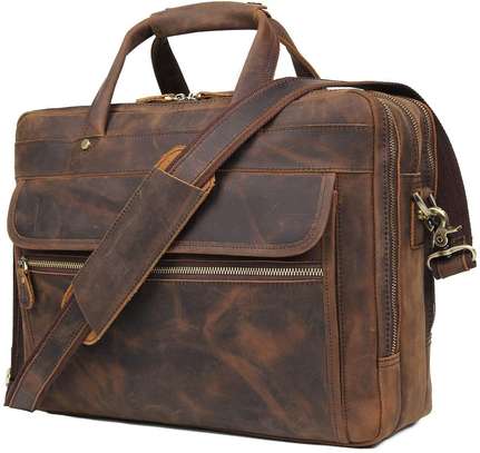 Augus Leather Briefcase for Men Business Travel Messenger Bags 15.6 Inch Laptop Bag YKK Metal Zipper, Brown image 1