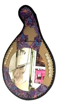 Leather calabash mirror with purple flowers image 2