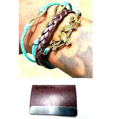 Teal Leather bracelet with a acardholder image 1