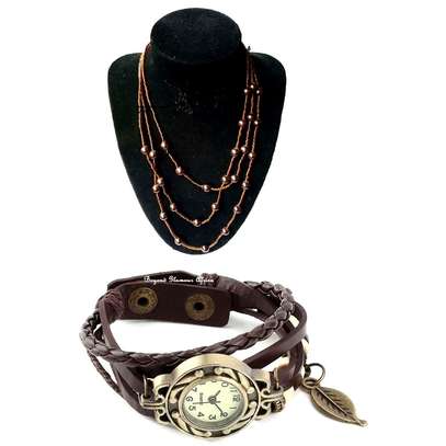Womens Brown Leather watch with pearl necklace combo image 1