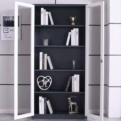 Modern Steel Office Bookcase with Glass Double Doors image 1