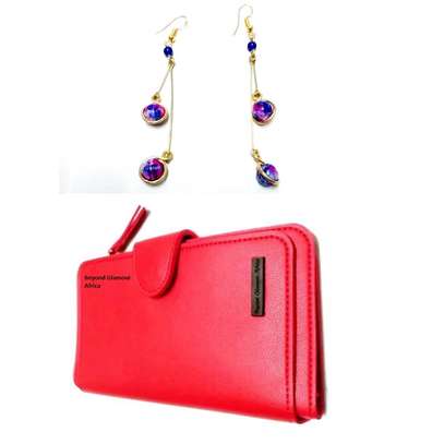 Womens Red Leather wallet and earrings image 1