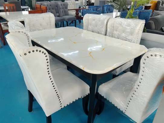 Marble Dining Table Set 6 Upholstered Chairs White Wood image 4