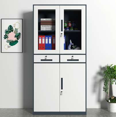 Metal Storage Cabinet with Drawers and Glass Doors image 3