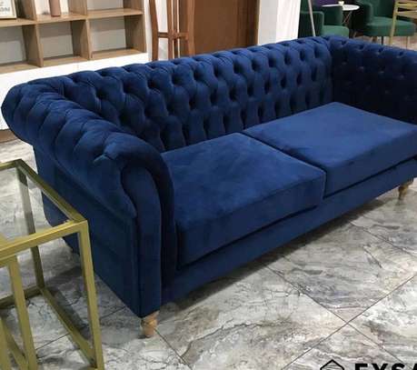 Modern three seater blue tufted sofa set image 2