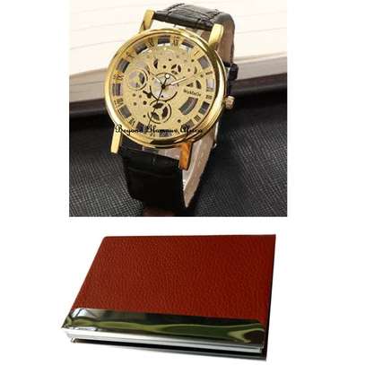 Gold Tone skeleton leather  watch with cardholder image 1