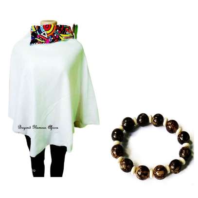 Womens Cream Ankara poncho with wooden bracelet image 1