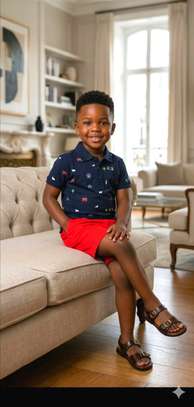 Boys Navy Print Shirt & Red Shorts Summer Set image 3