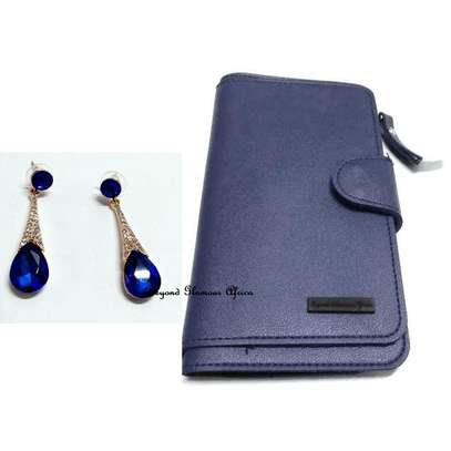 Womens Blue leather wallet with Crystal Earrings image 5