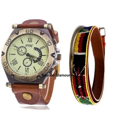 Mens Brown Leather watch with maasai belt image 2