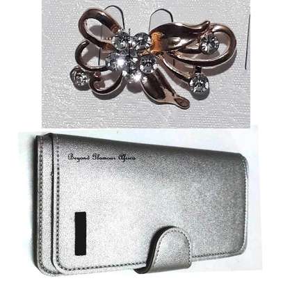 Womens Silver Leather wallet with gold tone brooch image 1