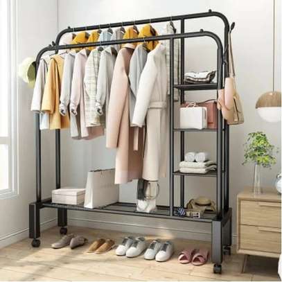 Double pole cloth rack with lower and side storage image 3