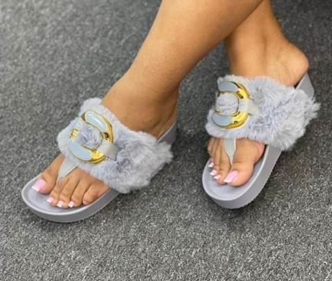 Women Fluffy Slippers Faux Fur Slides Open Toe Flat Grey image 1