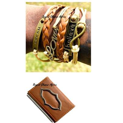Brown Leather bracelet with cardholder image 1