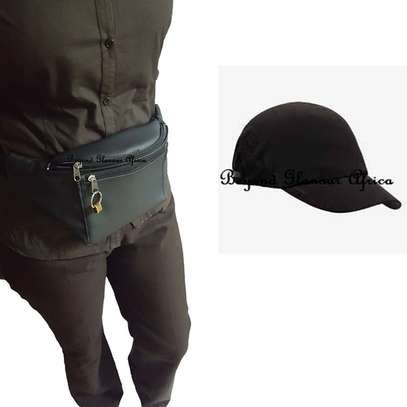 Mens Black Leather waist bag with cap image 2