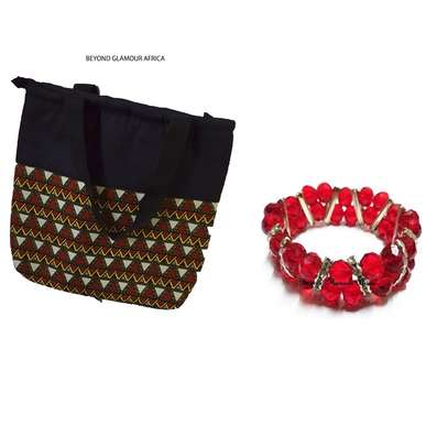 Womens Denim ankara Handbag with Red crystal bracelet image 1