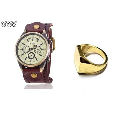 Mens Brown Leather Watch and gold ring image 2