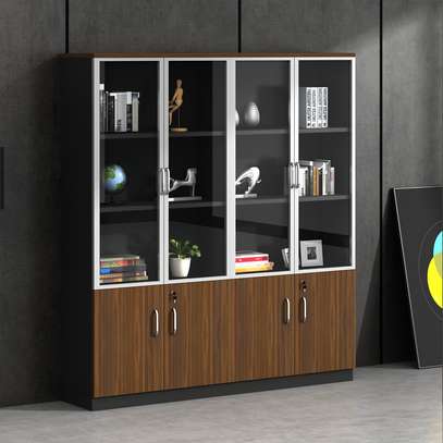Cabinet : 2-Door Brown Half Glass Wooden Office Cabinet image 4