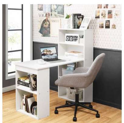 Modern White Computer Desk with Storage Bookshelves image 1