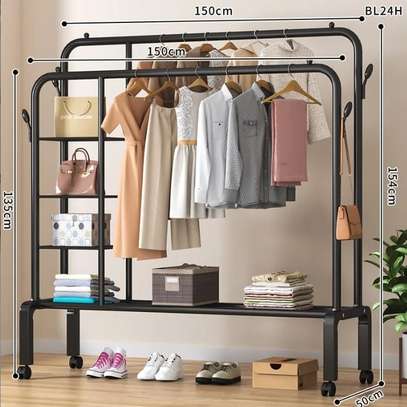 Double pole cloth rack with lower and side storage image 2