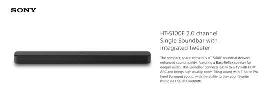 Sony 120W SOUNDBAR, 2.0CH, BLUETOOTH, HDMI HT-S100F-NEW image 1