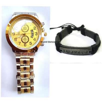 Gold Tone watch and Jesus leather bracelet image 2