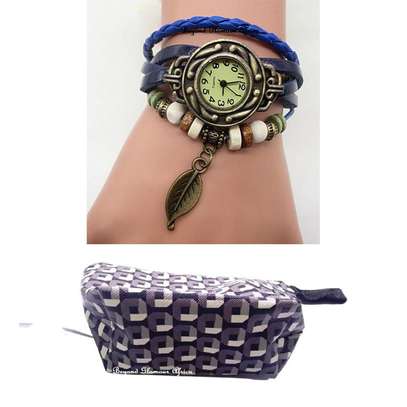 Womens Blue leather Leaf pendant watch with coin purse image 3