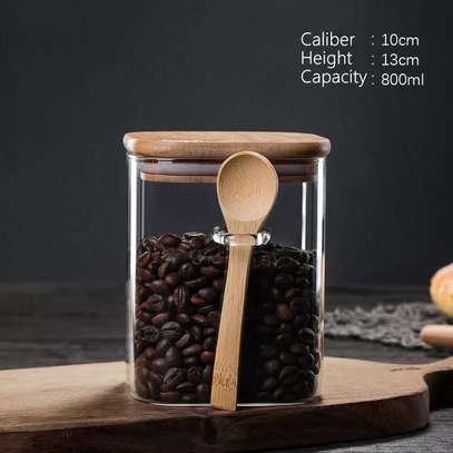 Glass jar with Bamboo lid & wooden spoon image 1